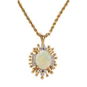 Vintage Cabochon Opal & Diamond Halo Pendant Necklace 14K Gold